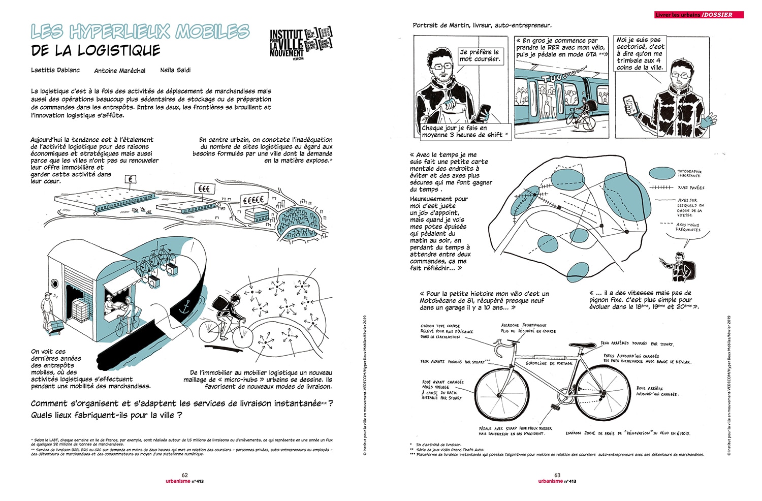 dessins d'Antoine Maréchal publiés dans la Revue Urbanisme sur les livreurs à vélo
